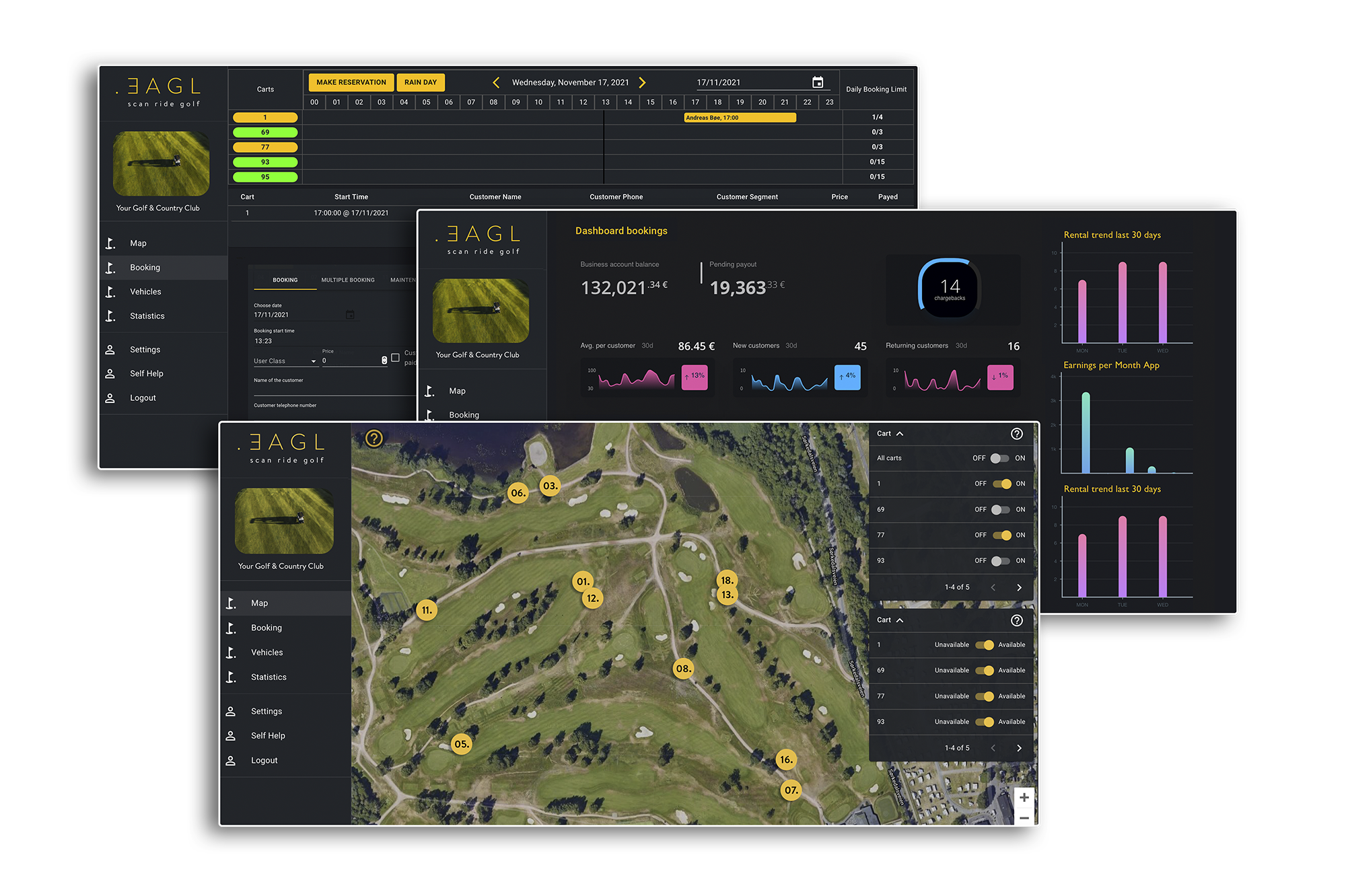 EAGL platform collage showing booking calendar, dashboard analytics and course map