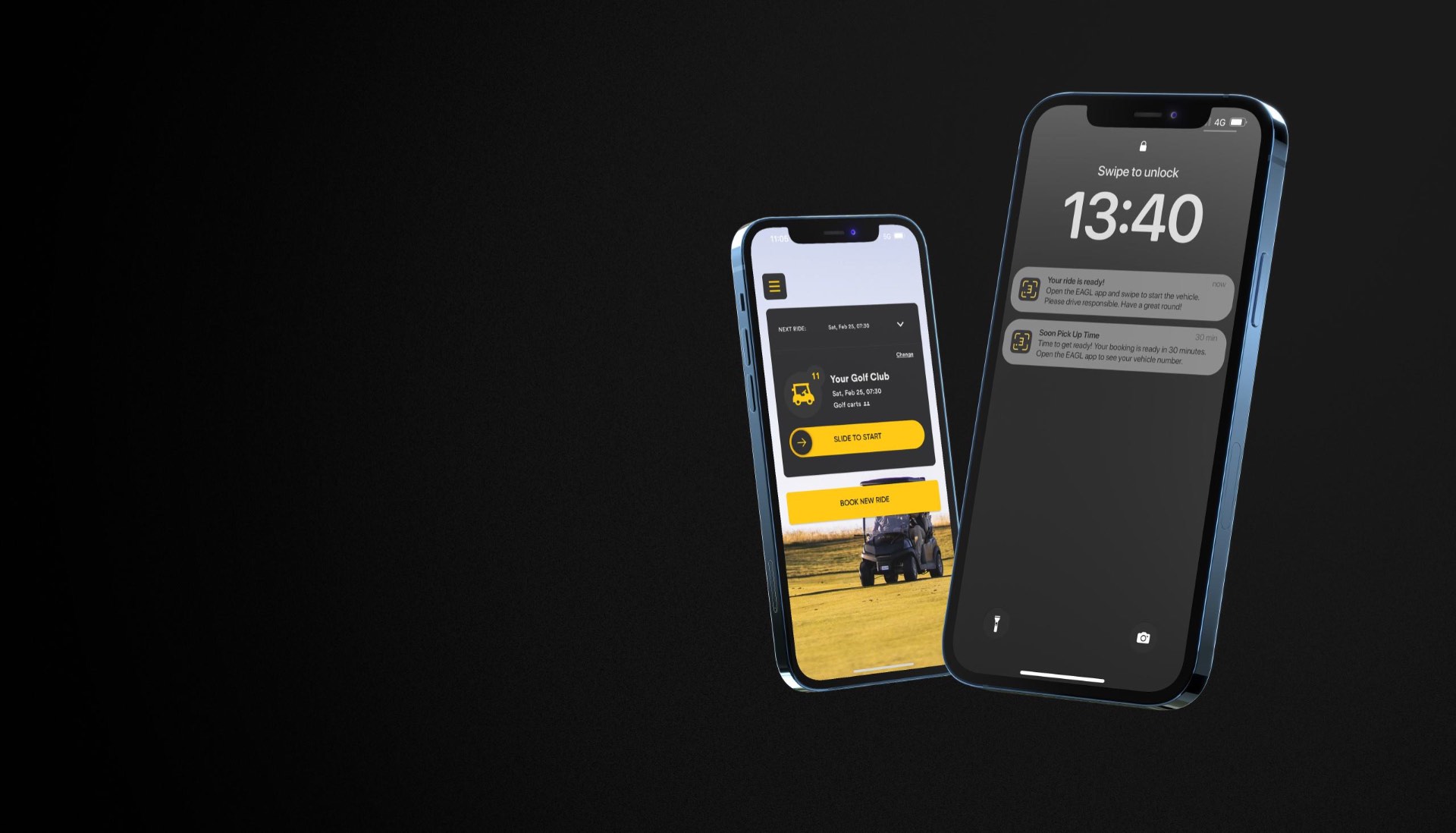 EAGL mobile app — booking screen and push notification for ride readiness
