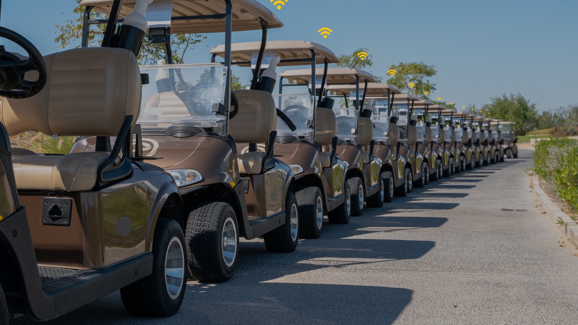 Row of IoT-connected golf carts ready for self-service rental